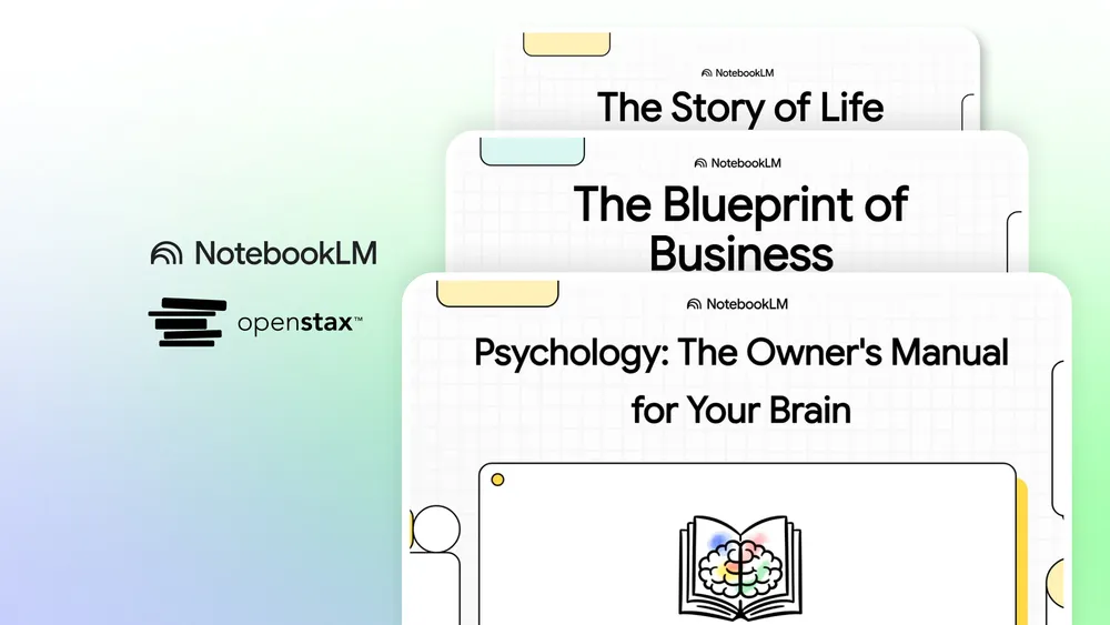 Logos do NotebookLM e OpenStax ao lado de cadernos de estudo