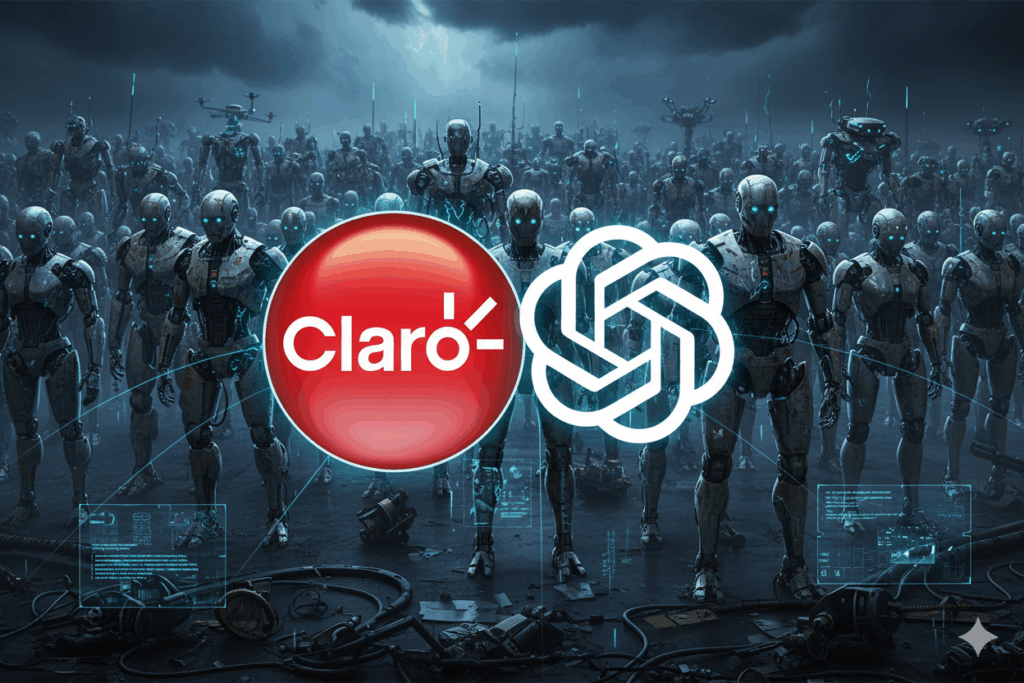 Parceria Claro e ChatGPT no Brasil: logos lado a lado sobre fundo em gradiente, indicando integração do ChatGPT ao Extra Play e oferta de ChatGPT Plus para clientes da operadora