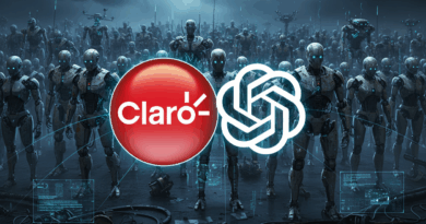 Parceria Claro e ChatGPT no Brasil: logos lado a lado sobre fundo em gradiente, indicando integração do ChatGPT ao Extra Play e oferta de ChatGPT Plus para clientes da operadora