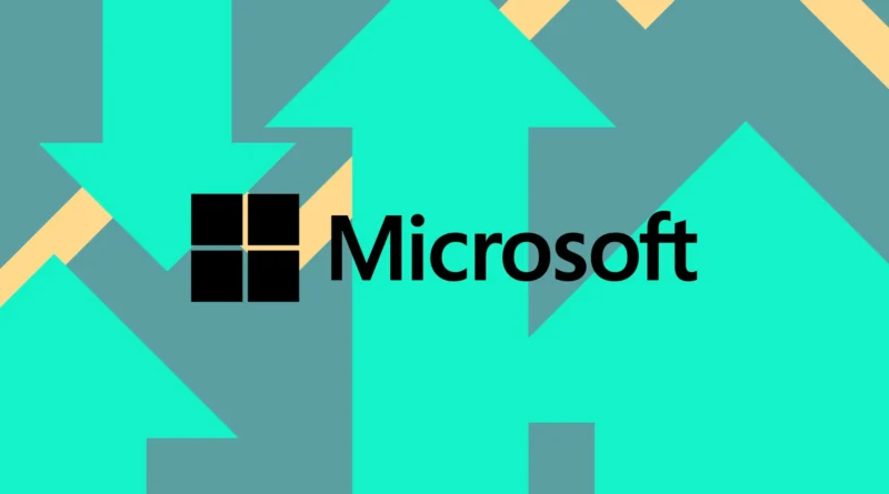 Microsoft investe em treinar modelos de ia: Colagem vetorial do logotipo da Microsoft entre setas e linhas subindo e descendo.