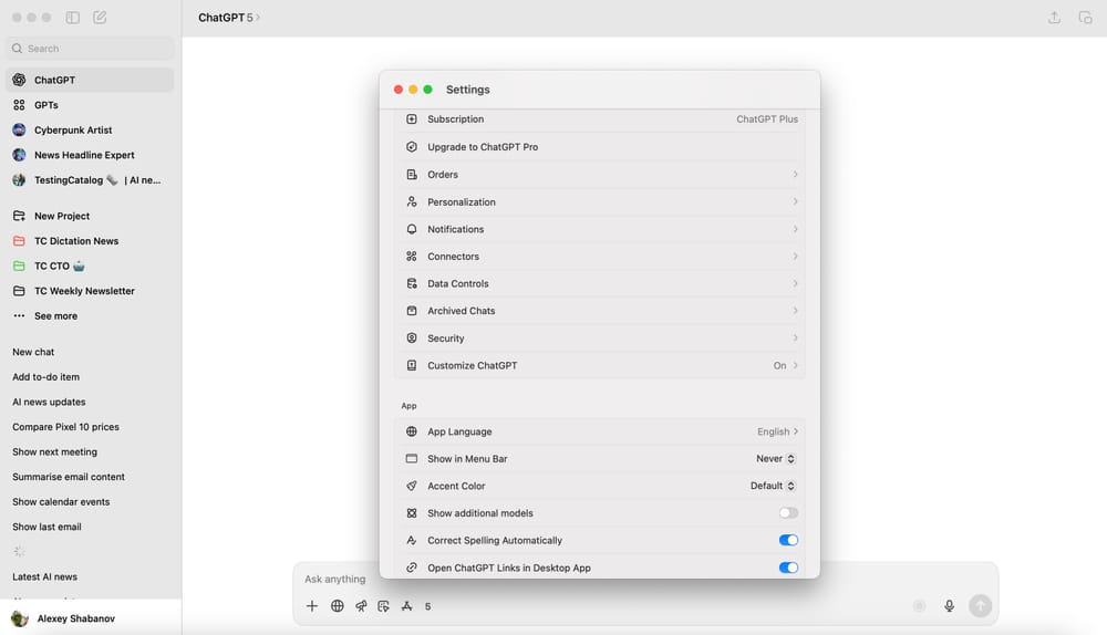 Tela de configurações do ChatGPT com sinais da seção Orders