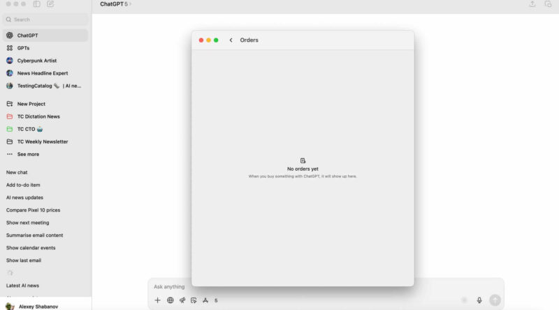 Captura do ChatGPT exibindo Orders no ChatGPT e opções de checkout nativo
