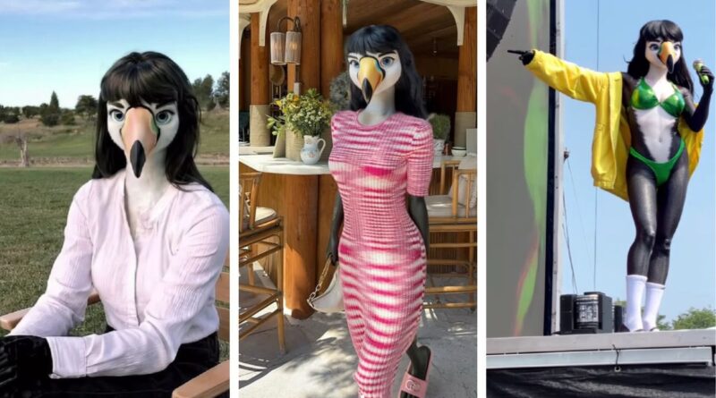 Tocanna boneca de IA pop, inspirada em tucano, bico alongado, figurino chamativo