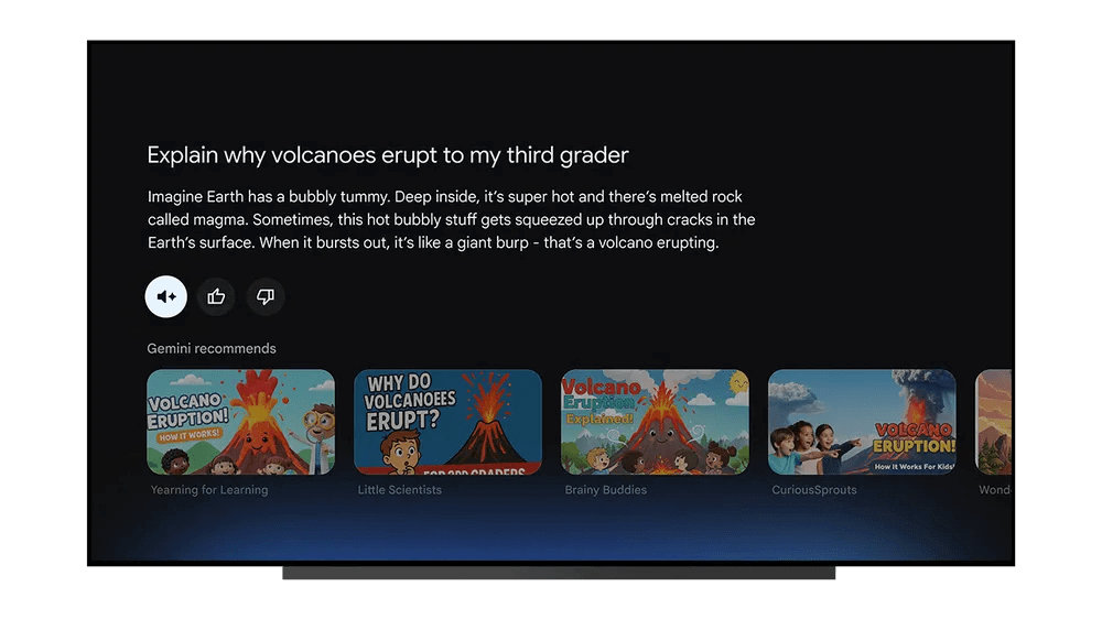 Exemplo: Gemini no Google TV explicando erupções vulcânicas