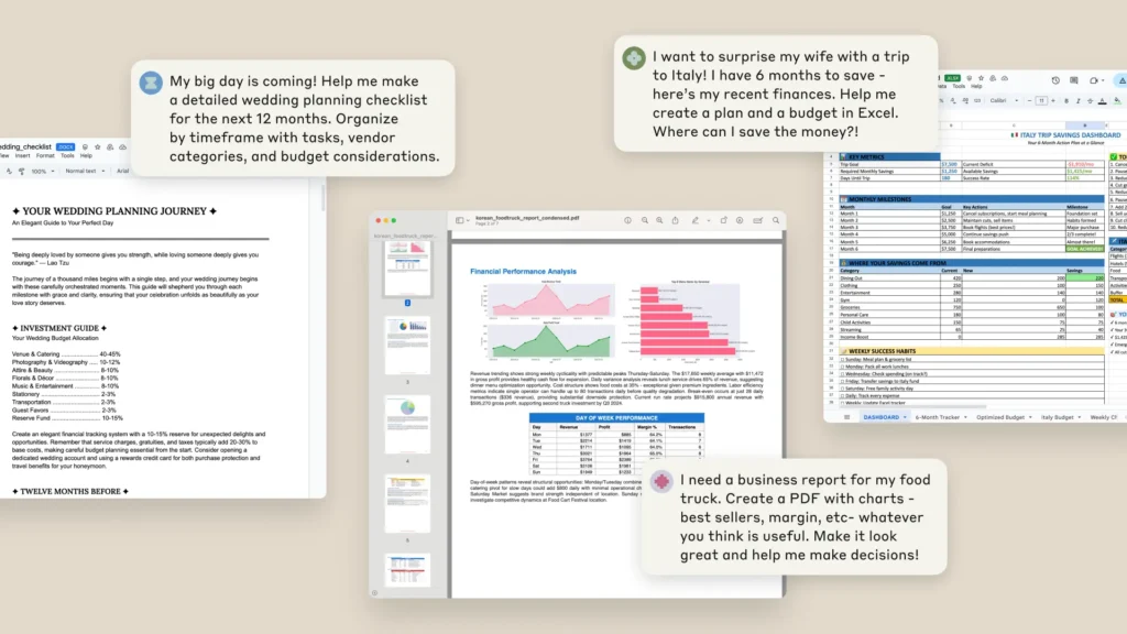 Claude cria e edita arquivos: exemplos de Excel, documento e PDF produzidos a partir de instruções