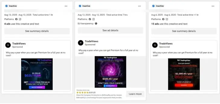 Exemplo de malvertising no Facebook usado para empurrar APKs maliciosos do suposto TradingView Premium