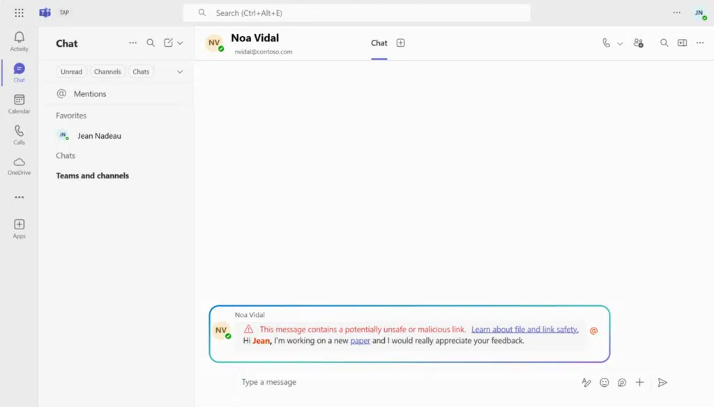 Mensagem recebida no Teams com aviso de URL possivelmente maliciosa
