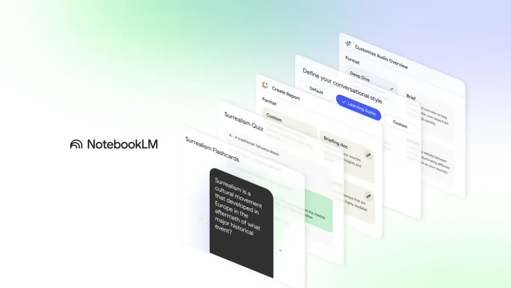 NotebookLM: 6 formas de dominar qualquer matéria 3 Mockup com cartões do NotebookLM exibindo flashcards e recursos de IA