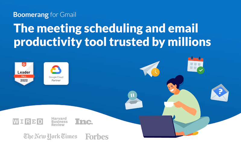 Banner do Boomerang para Gmail com laptop e ícones de e-mail e calendário; produtividade e reuniões