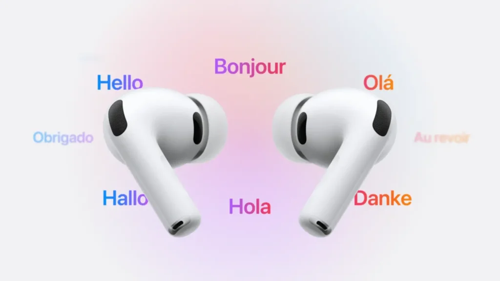 Dois fones de ouvido brancos lado a lado, cercados por palavras em vários idiomas como Hello, Bonjour e Olá; ilustra a função de tradução dos AirPods Pro 3