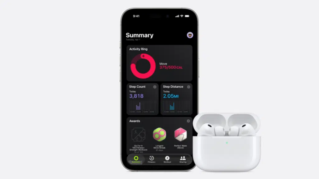 AirPods Pro 3 com ponteiras de silicone de tamanhos variados alinhadas à frente do fone; destaca ajustes e conforto