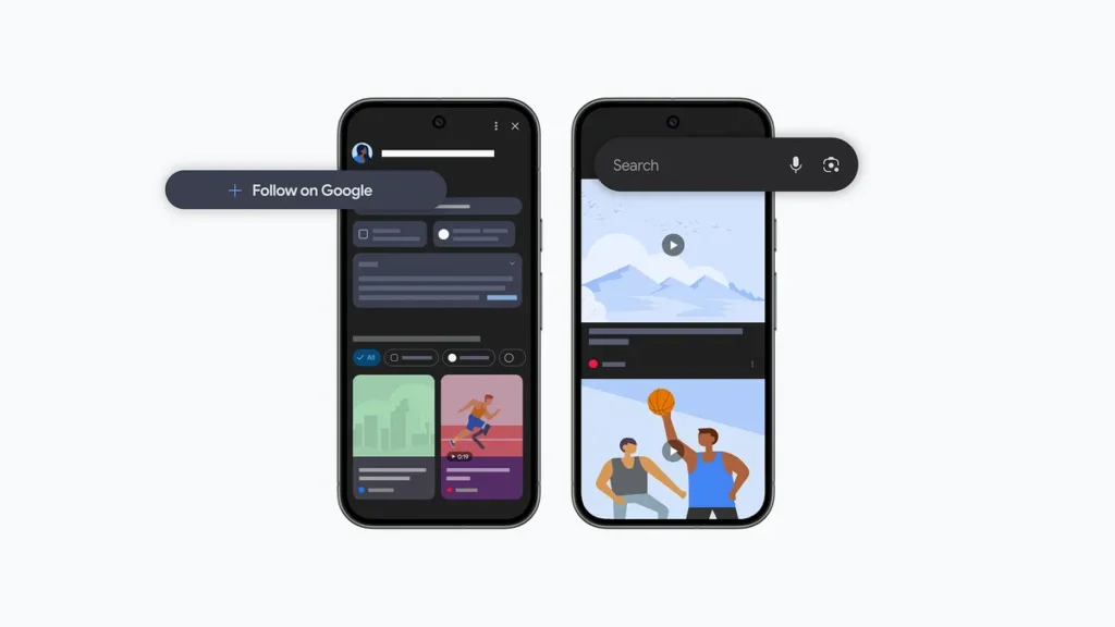Google Discover reúne posts sociais e Shorts no feed 2 Interface do Google Discover destaca o botão Seguir e cards de artigos, vídeos e posts sociais