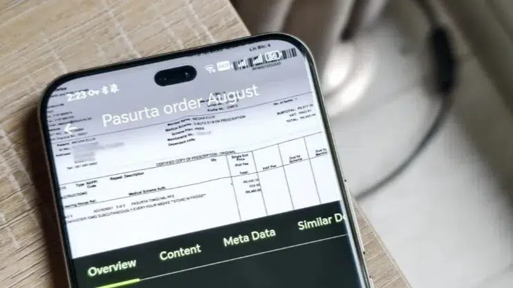 Paperless Mobile no Android mostrando documento escaneado e opções de upload para o servidor Paperless-ngx