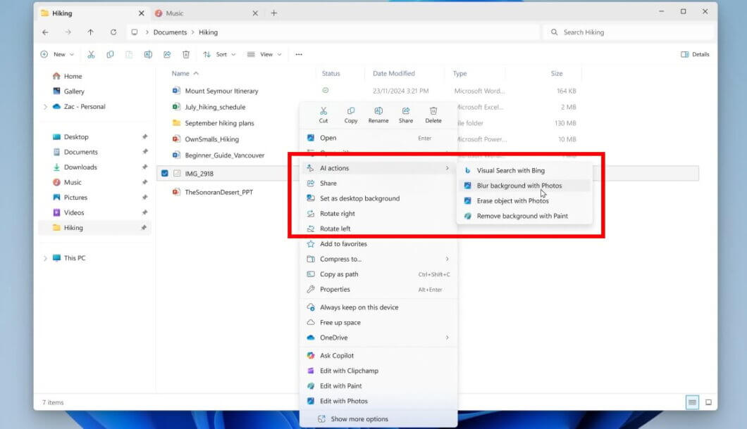 Windows 11 IA no Explorador: menu Ações de IA para editar imagens, remover fundo e apagar objetos diretamente