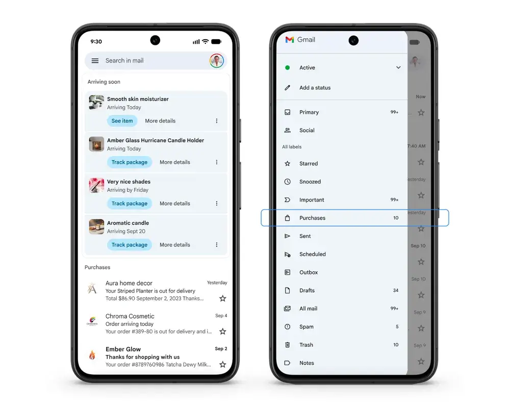 Duas telas do aplicativo do Gmail; nova aba Compras reúne pedidos, envios e botões para rastrear pacotes e ver detalhes