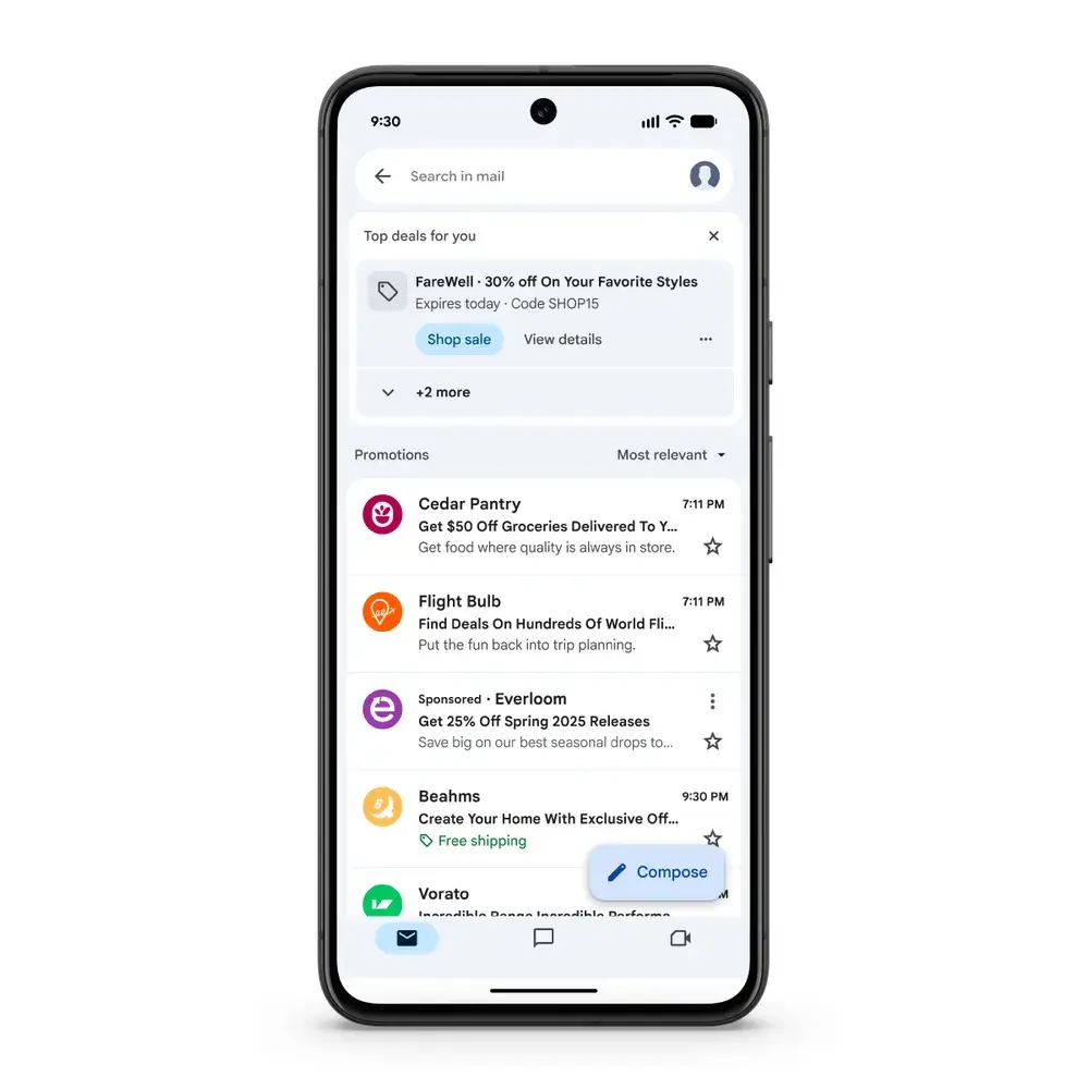 Tela do Gmail na aba Promoções com destaque para oferta relevante e código de desconto; lista de emails promocionais organizada por relevância