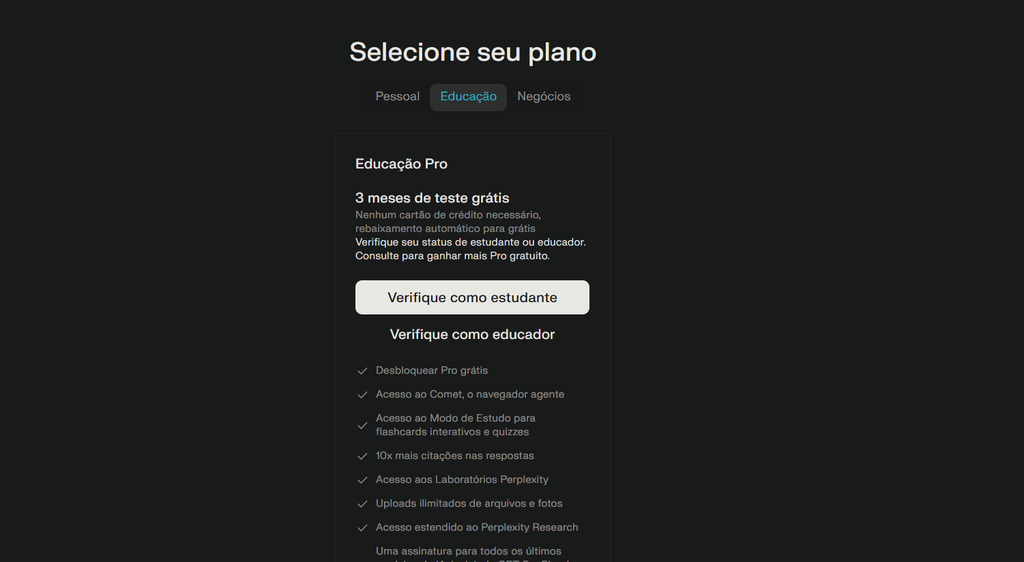 Perplexity Comet gratis: Detalhe da oferta para estudantes (Imagem: Captura de tela