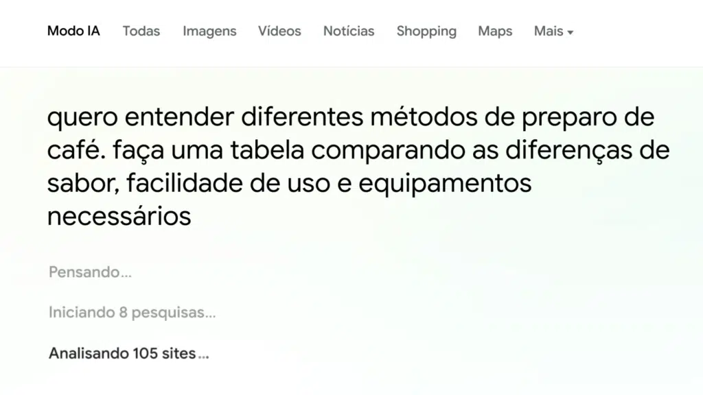 Tela do Modo IA do Google indicando buscas paralelas e análise de dezenas de sites