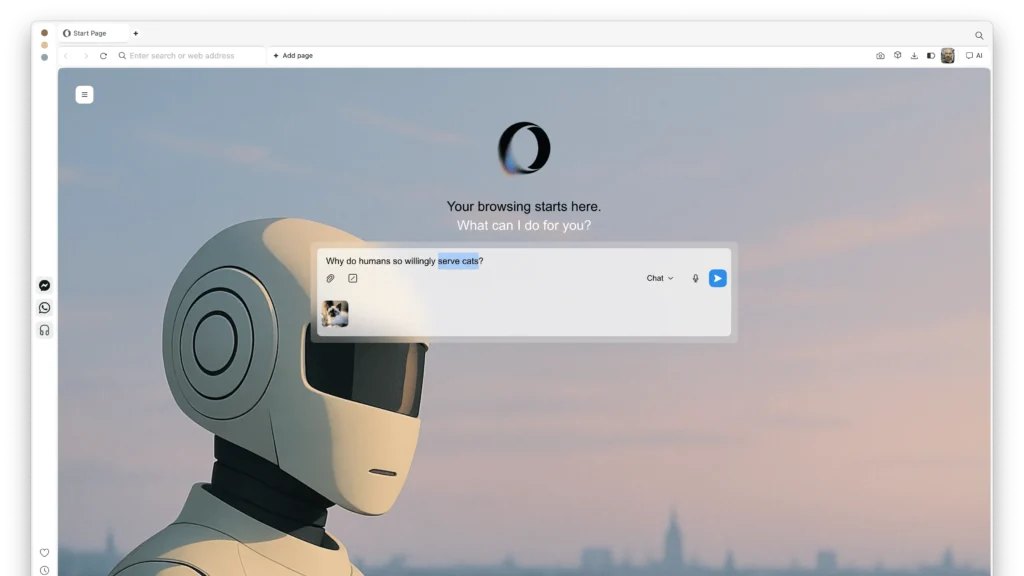 Tela inicial do Opera Neon com prompt central e destaque para o agente; navegador por assinatura com IA