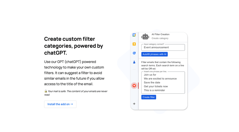 Tela do Clean Inbox mostrando criação de filtros com IA (chatGPT); destaque para categorias personalizadas