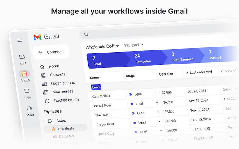 Integração do Streak no Gmail mostrando pipeline de vendas e estágios; gerenciamento de fluxo dentro do e-mail
