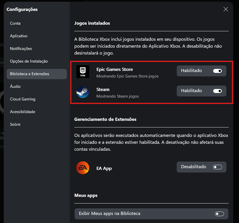 Xbox para PC: tela de Configurações com Biblioteca e Extensões e Modo Compacto
