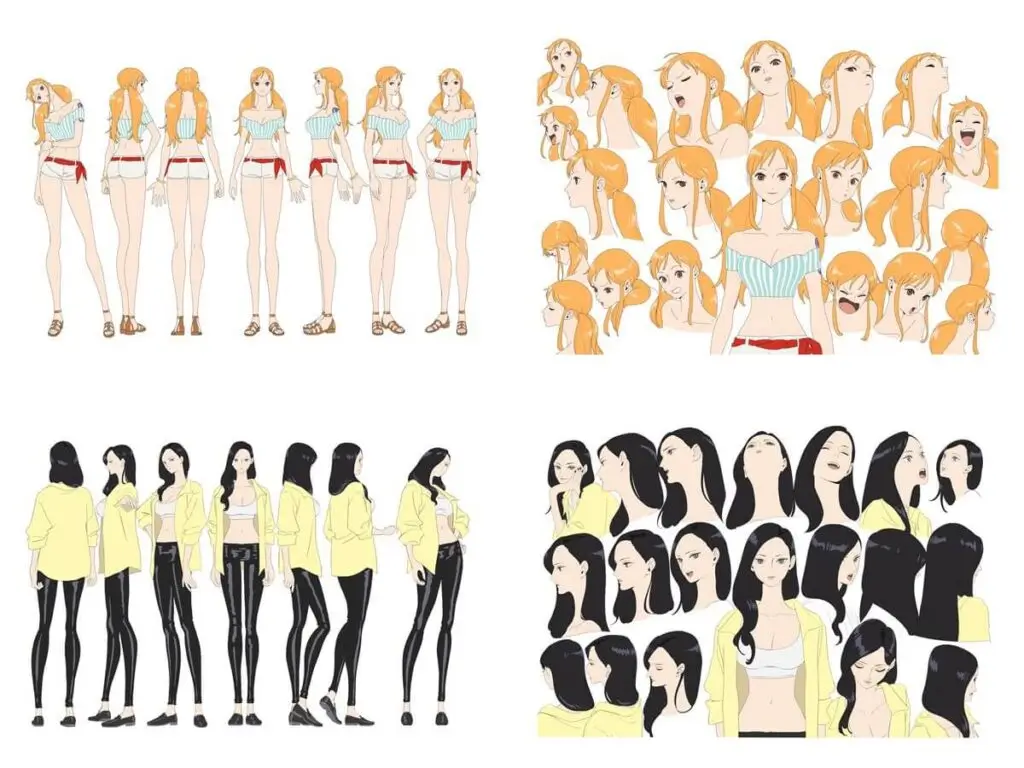 Folhas de design de Nami e Robin em One Piece: Heroines com foco nas expressões e figurinos