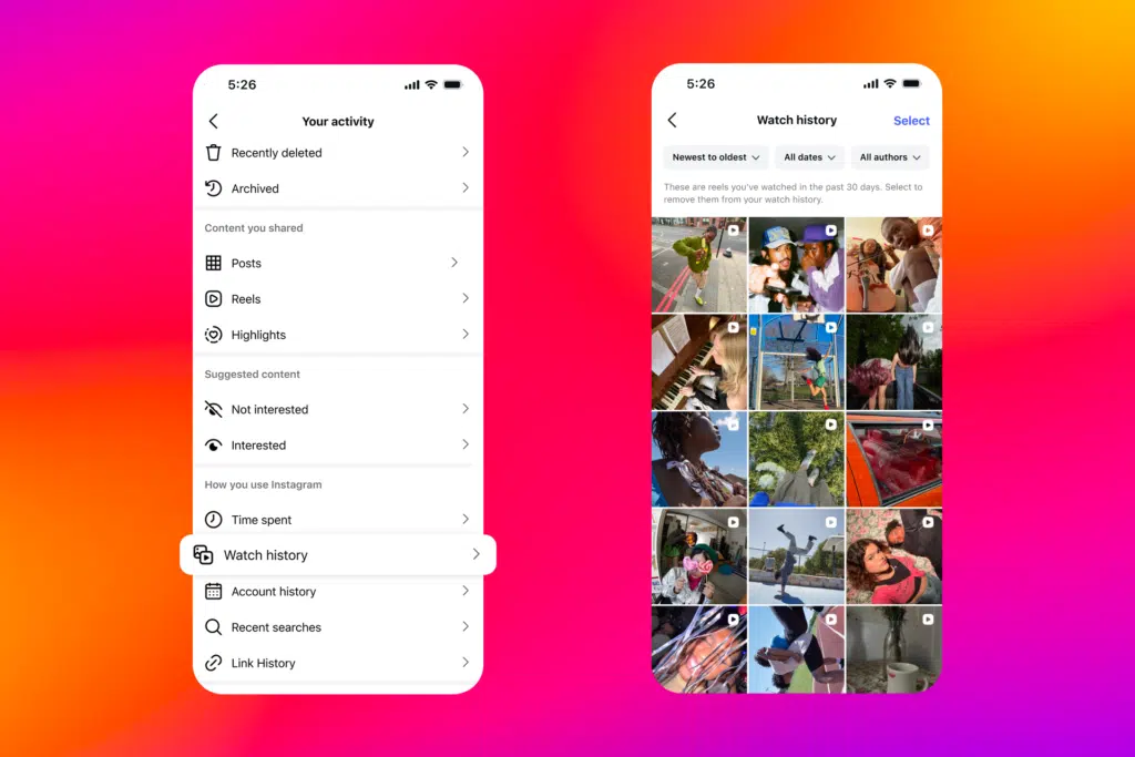 Interface do histórico de Reels do Instagram (Watch History) mostrando vídeos assistidos e filtros por data e autor
