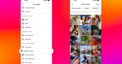 Interface do histórico de Reels do Instagram (Watch History) mostrando vídeos assistidos e filtros por data e autor