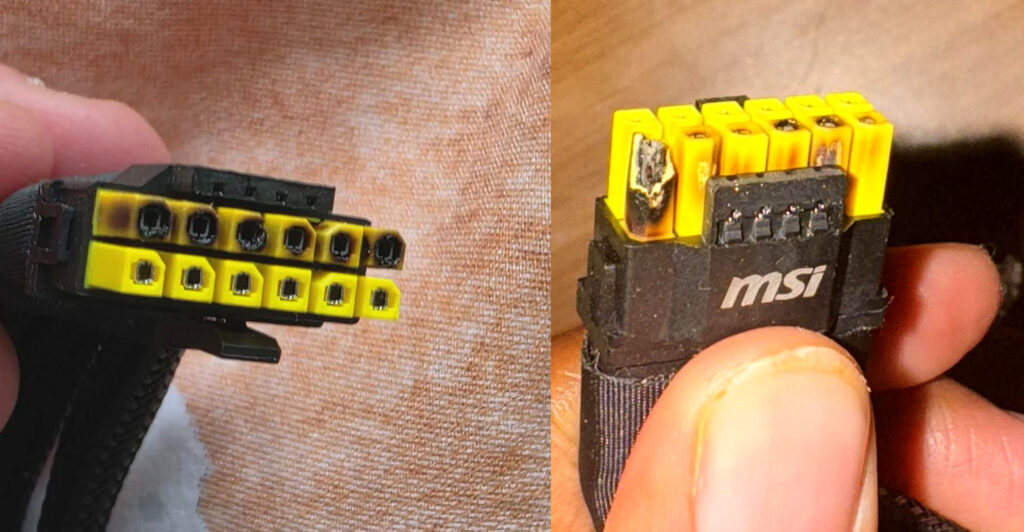 MSI GeForce RTX 5090 com conector 12V-2×6 em detalhe; casos de sobreaquecimento e derretimento do plug reportados por usuários