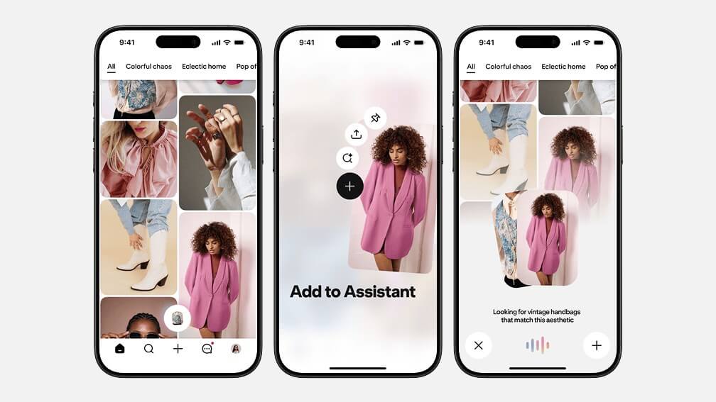 Usuário conversando com o Pinterest Assistant por voz e recebendo recomendações visuais