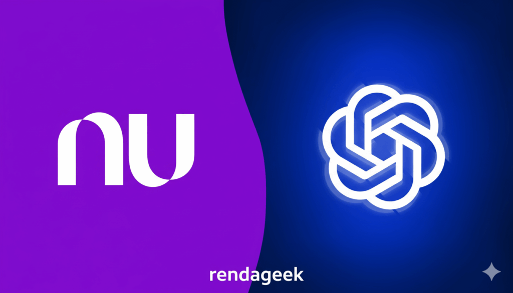 Marcas do Nubank e do ChatGPT Go sobre fundo abstrato nas cores roxa e verde