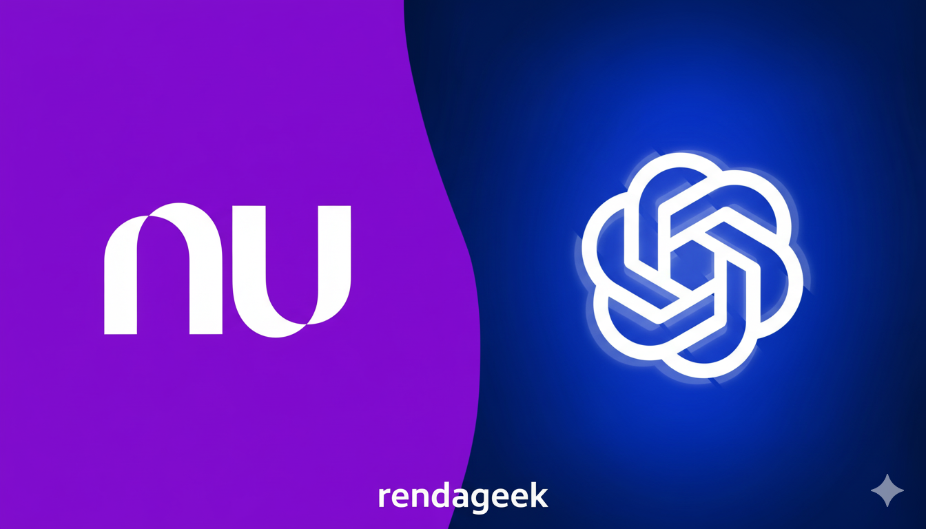 Marcas do Nubank e do ChatGPT Go sobre fundo abstrato nas cores roxa e verde