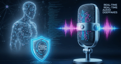 Conceito: telefone quebrado com pixels saindo do fone, simbolizando deepfakes de áudio em tempo real e vishing