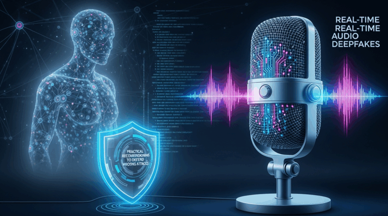 Conceito: telefone quebrado com pixels saindo do fone, simbolizando deepfakes de áudio em tempo real e vishing