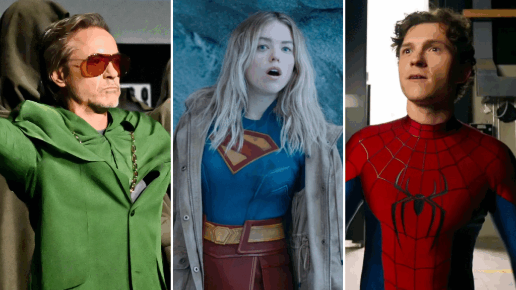 filmes de super-herois em 2026: Montagem promocional com marcas e artes de DC Studios, Marvel Studios e Sony Pictures