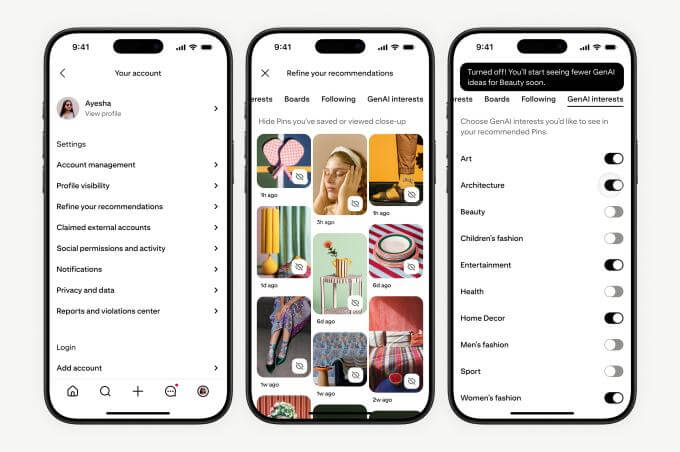 Demonstração da interface do Pinterest exibindo a opção Refine your recommendations para reduzir conteúdo de IA por categoria