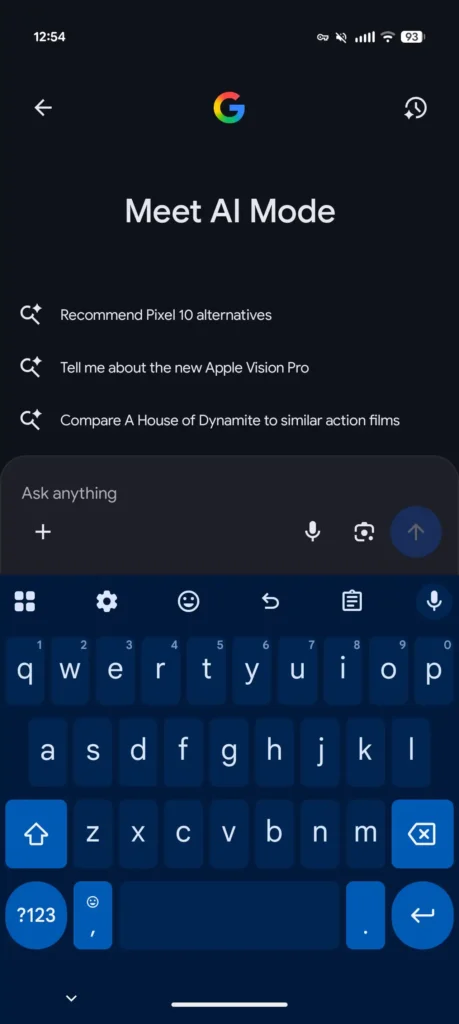 Nano Banana chega ao AI Mode e ao Google Lens 8 Menu do AI Mode com ícone de mais, opções de Galeria, Câmera e Criar imagens com IA