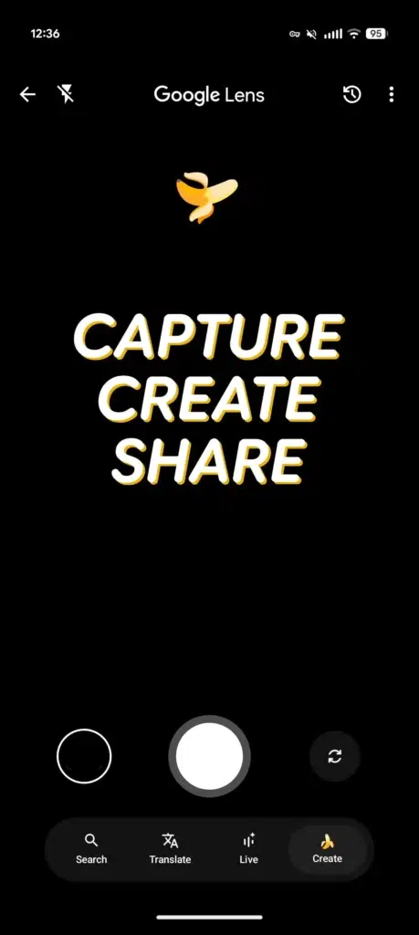 Nano Banana chega ao AI Mode e ao Google Lens 12 Google Lens aba Create com ícones reposicionados e câmera frontal ativa