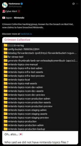 Nintendo hackeada? Captura de tela do suposto vazamento do Crimson Collective com pastas e backups da Big N