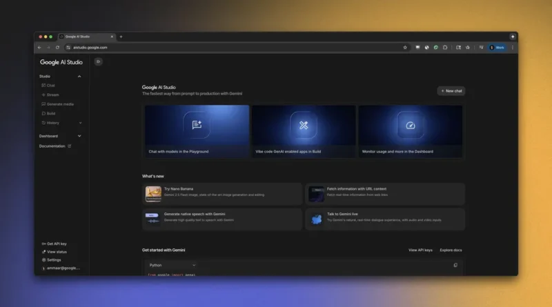 Tela de boas‑vindas do Google AI Studio com recursos atualizados