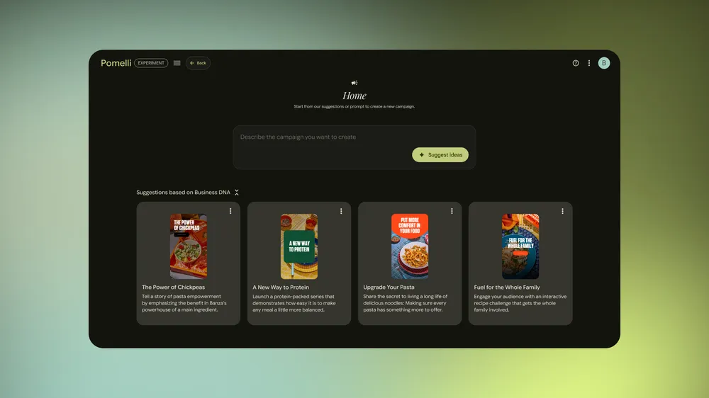 Tela de ideias de campanha Pomelli