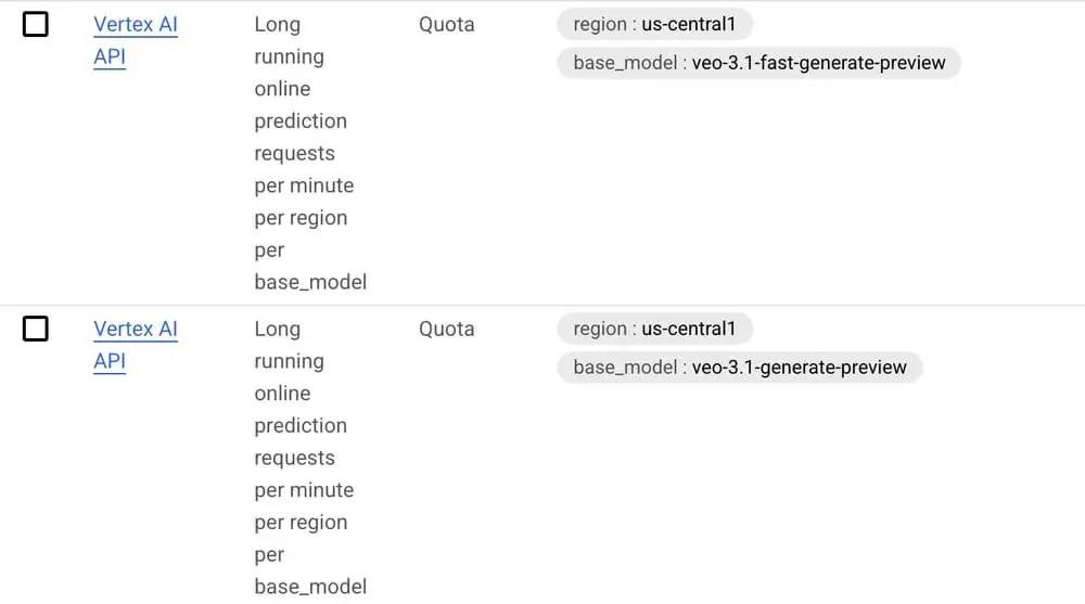 Menção ao Veo 3.1 no Vertex AI, quotas e limites do console do Google Cloud