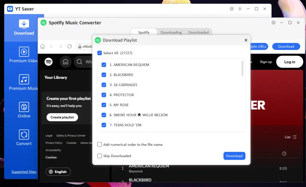 Janela de preferências do YT Saver com opções de formato e taxa de bits