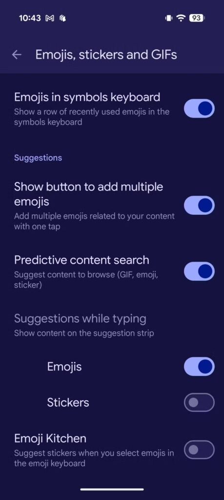 Tela do Gboard mostrando como desativar sugestões de stickers e Emoji Kitchen