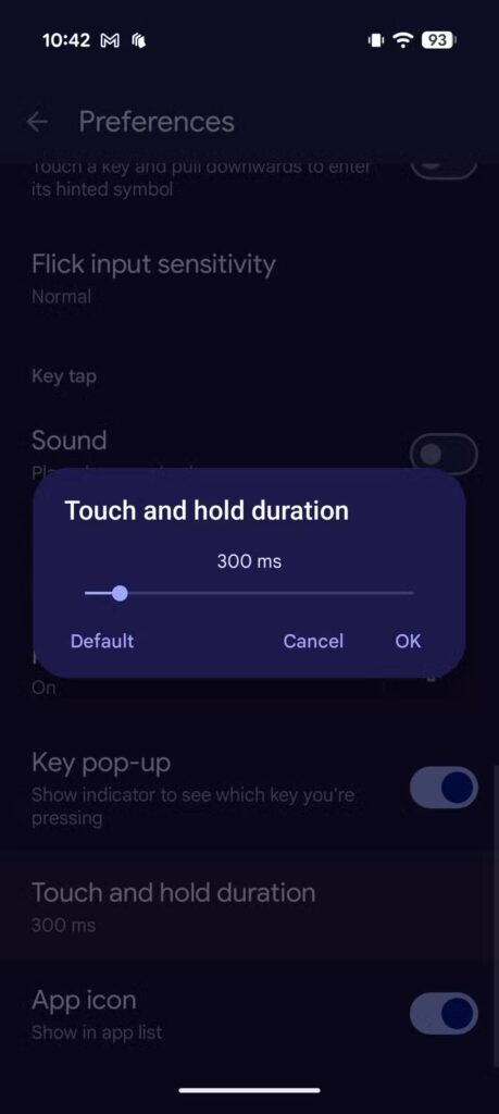 Tela do Gboard para ajustar a duração do toque e segurar em milissegundos