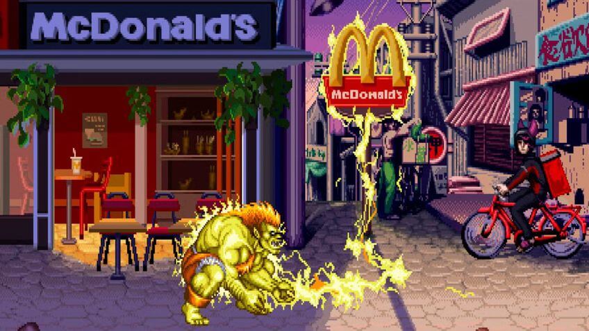 Visual 16‑bit de Street Fighter II na campanha Street Burgers do McDonald’s Japão