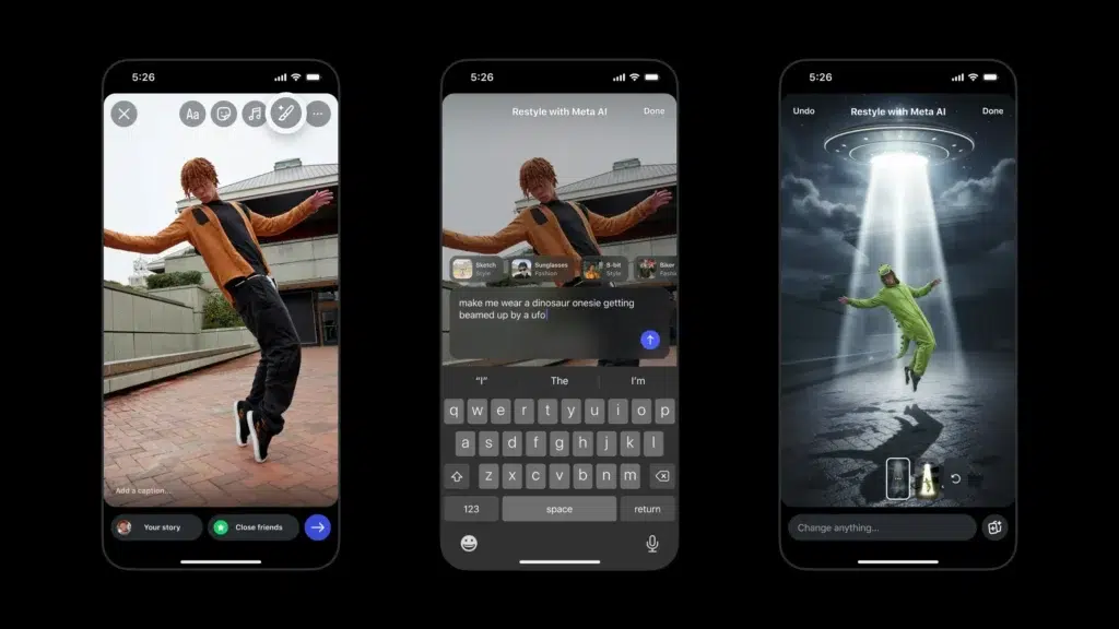 Instagram Restyle com Meta AI edita fotos por prompt 1 Recurso Instagram Restyle com Meta AI: exemplo de prompt que transforma foto em fantasia de dinossauro com nave espacial