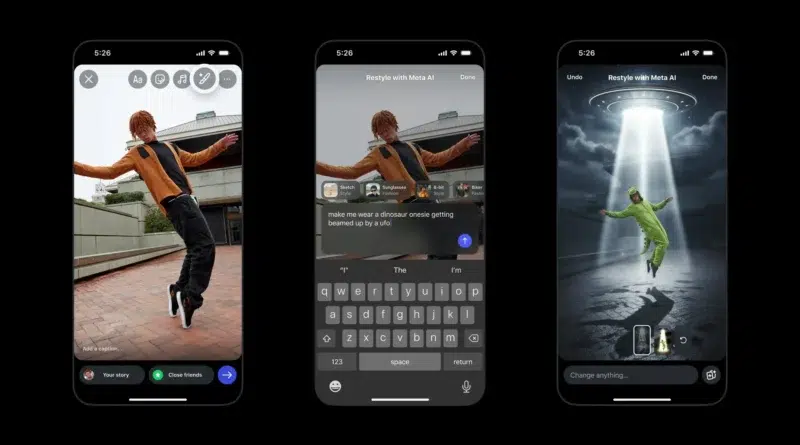 Recurso Instagram Restyle com Meta AI: exemplo de prompt que transforma foto em fantasia de dinossauro com nave espacial