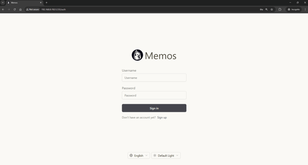Tela de login padrão do Memos após instalação via Docker